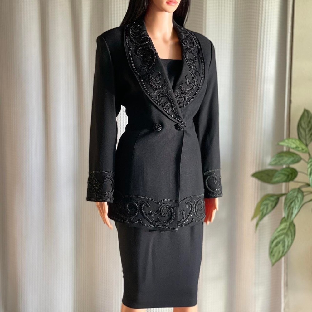 Vintage 90s Demetrios Black Wool Skirt Suit Set Beaded Embellished Formal‎ Sz 10